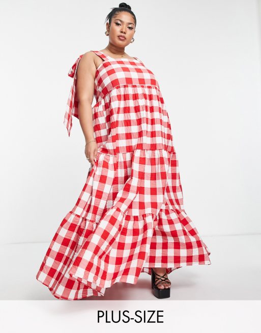 Sister Jane Plus tiered maxi dress in red gingham with bow back straps