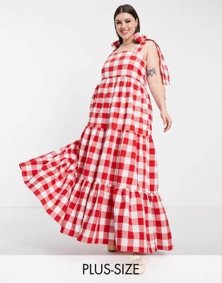 Sister Jane Plus Sister Jane Plus tiered maxi dress in red gingham with bow back straps