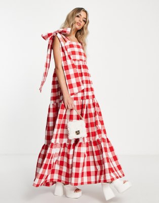 Sister Jane Plus tiered maxi dress in red gingham with bow back straps