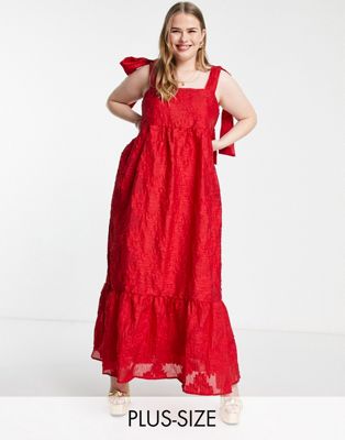 Sister Jane Plus tiered maxi dress in red jacquard with bow straps