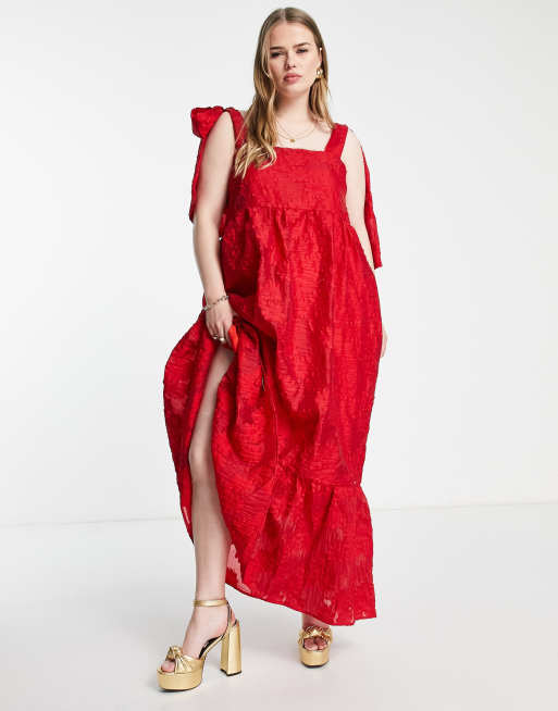 Sister Jane Plus tiered maxi dress in red jacquard with bow straps