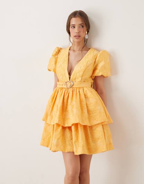 Sister Jane heart belt jacquard mini dress in ochre