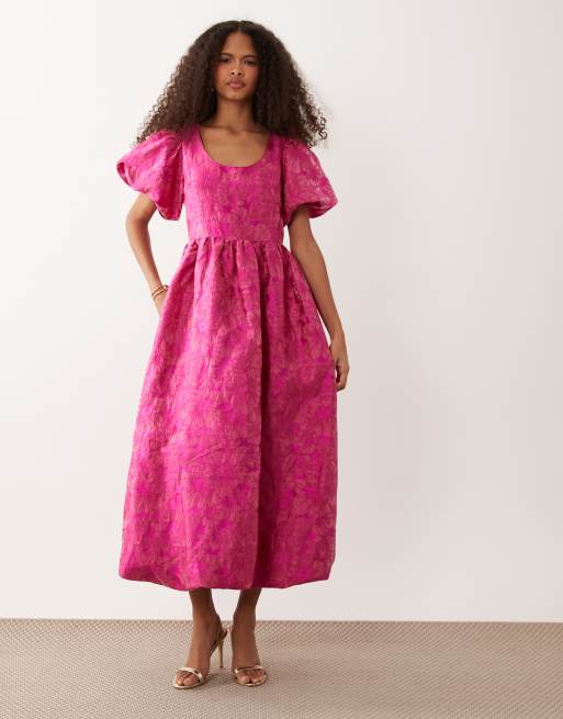 Sister Jane Pomegranate jacquard scoop neck puff sleeve maxi in