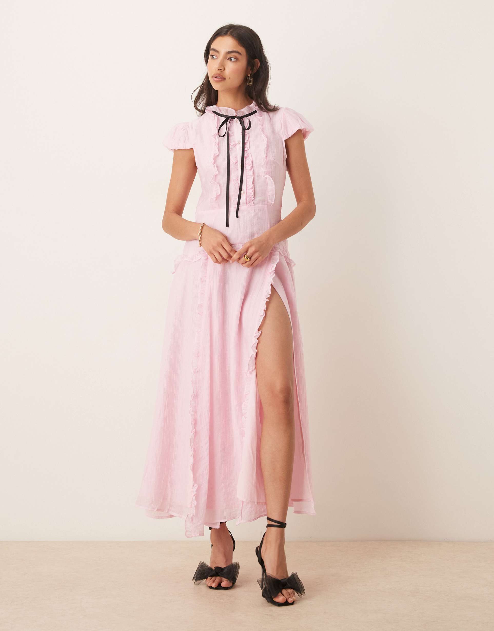 sister jane primrose ruffle maxi dress in pale pink