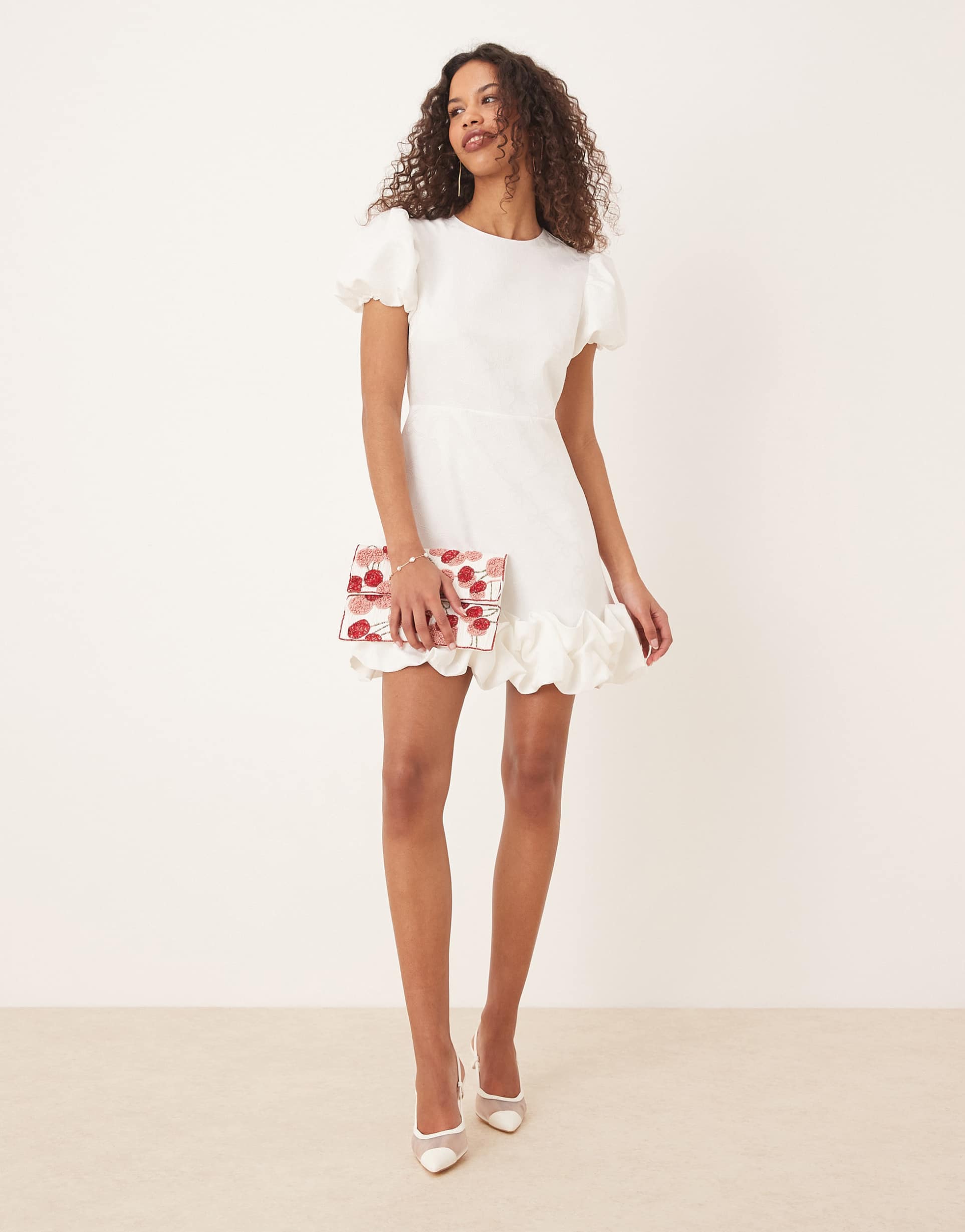 sister jane puff hem jacquard mini dress in ivory