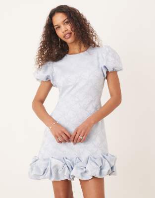 sister jane puff hem jacquard mini dress in powder blue