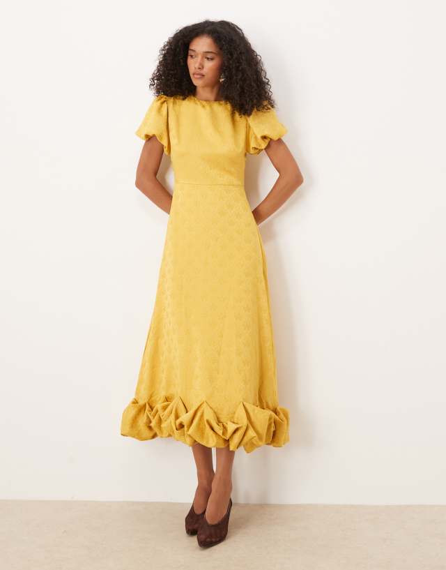 sister jane likely lady dress puff sleeve bubble hem maxi in spicy mustard scene