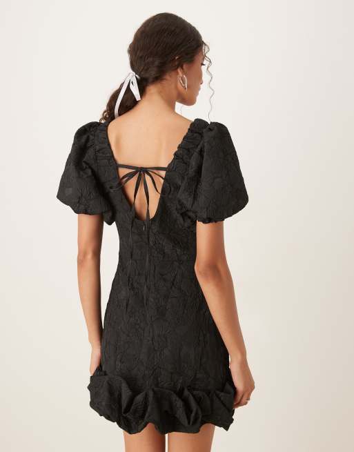 Sister Jane puff sleeve bubble hem mini dress in black, 3 of 4