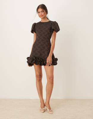 Sister Jane puff sleeve bubble hem mini dress in chocolate - view 1