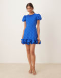 [sister jane] Sister Jane puff sleeve bubble hem mini dress in cobalt-Blue XS Cobalt