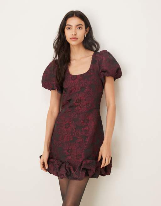Sister Jane puff sleeve bubble hem mini dress in plum jacquard