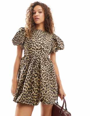 AQUA Black and shops Metallic Puff Sleeve Leopard Mini Dress - S