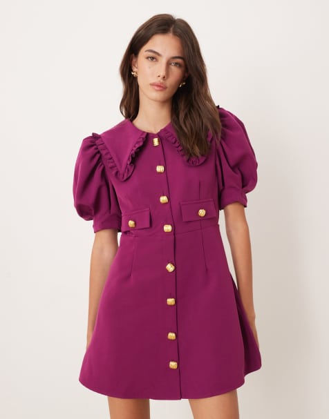 Sister Jane puff sleeve button front shirt mini dress in purple - view 1
