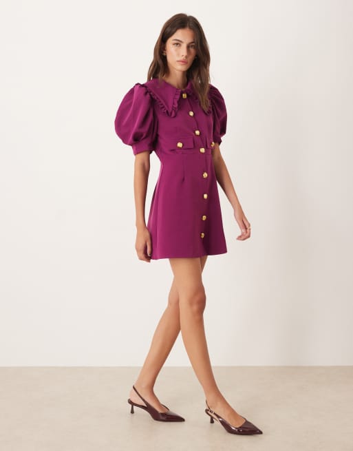 Sister Jane puff sleeve button front shirt mini dress in purple, 2 of 4