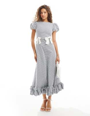 Sister Jane Puff Sleeve Gingham Midaxi Dress With Detachable Bows In Black-multi