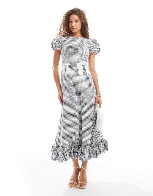 Sister Jane puff sleeve gingham midaxi dress with detachable bows in black