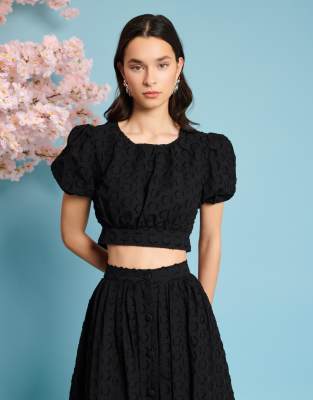 Sister Jane Puff Sleeve Jacquard Crop Top In Black - Part Of A Set