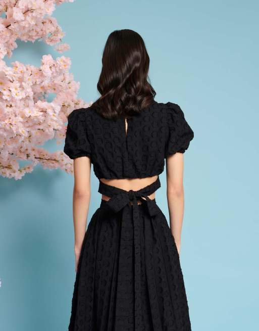 Sister Jane puff sleeve jacquard crop top in black - part of