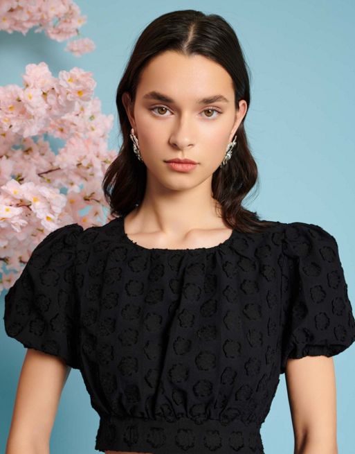 Sister Jane puff sleeve jacquard crop top in black - part of a set