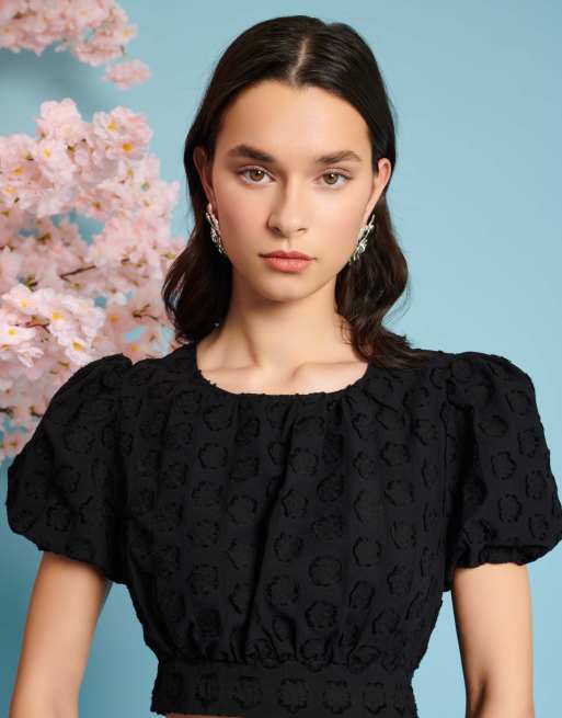 Sister Jane puff sleeve jacquard crop top in black - part of