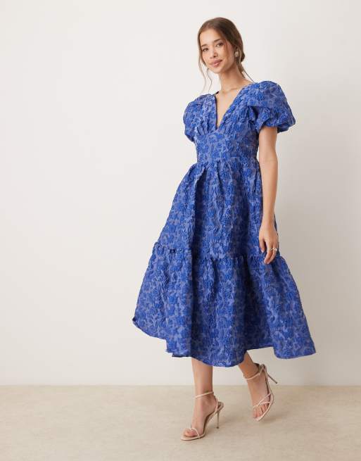 sister jane ☆ Saiph Jacquard Dress Sister Jane puff sleeve jacquard midaxi dress in cobalt | ASOS