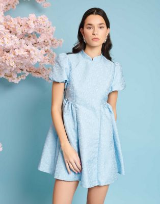 puff sleeve jacquard mini dress in blue