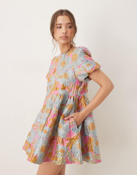 Sister Jane puff sleeve jacquard mini dress in gold - view 1