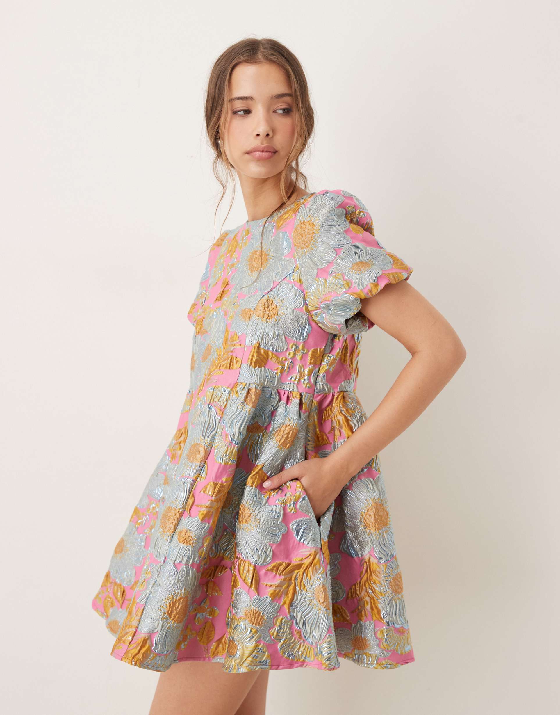 sister jane puff sleeve jacquard mini dress in gold