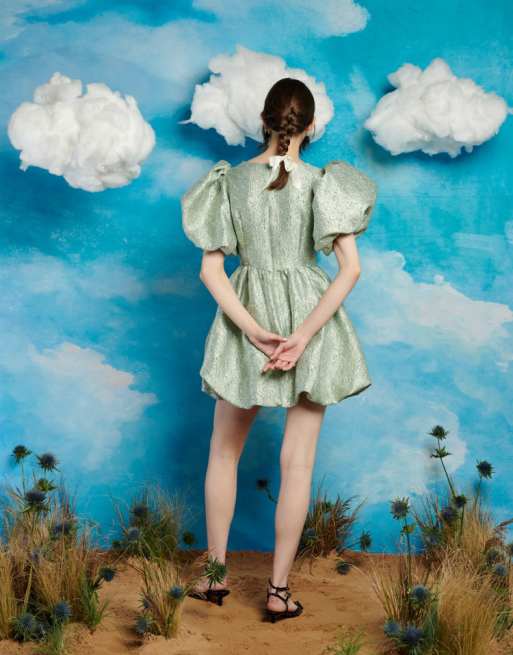 Sister Jane puff sleeve jacquard mini dress in green | ASOS