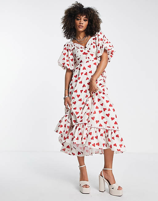 Sister Jane puff sleeve maxi dress with sweetheart neckline in heart print
