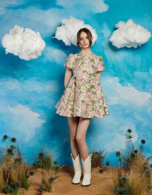 Sister Jane Womens Mountain Song Flora-jacquard Puff-sleeve Woven