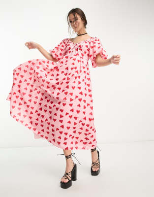 Sister Jane puff sleeve midaxi dress in pink and red heart - ASOS Price Checker