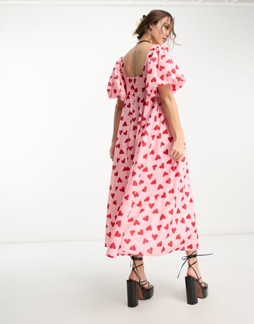 NEW LOOK Black Red Heart Print Tie Front Balloon Sleeve Midi Dress