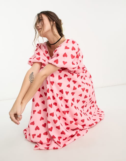 Sister Jane puff sleeve midaxi dress in pink and red heart