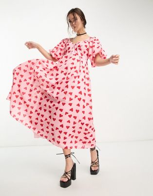 Sister Jane puff sleeve midaxi dress in pink and red heart