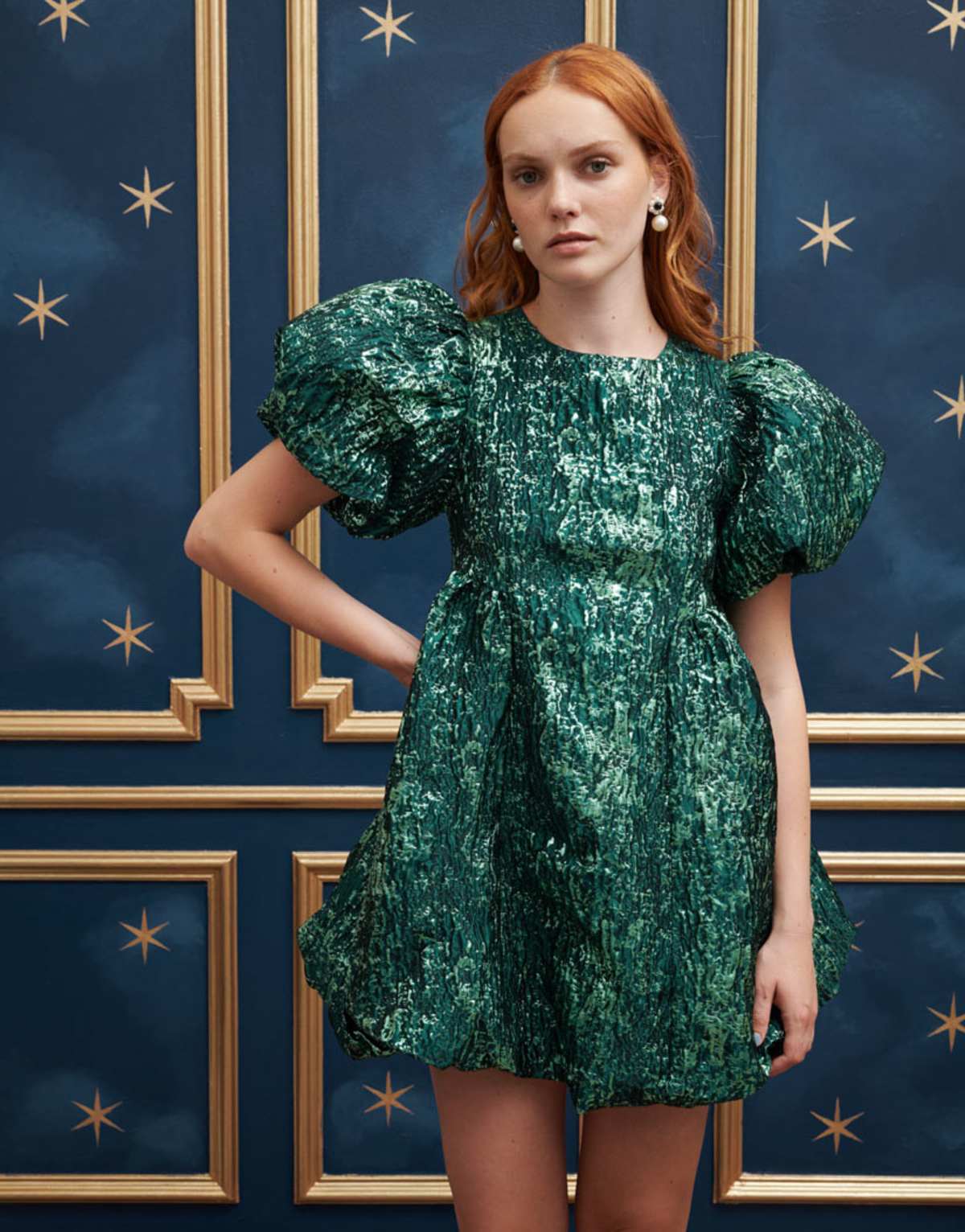 Sister Jane puff sleeve mini jacquard dress in emerald green