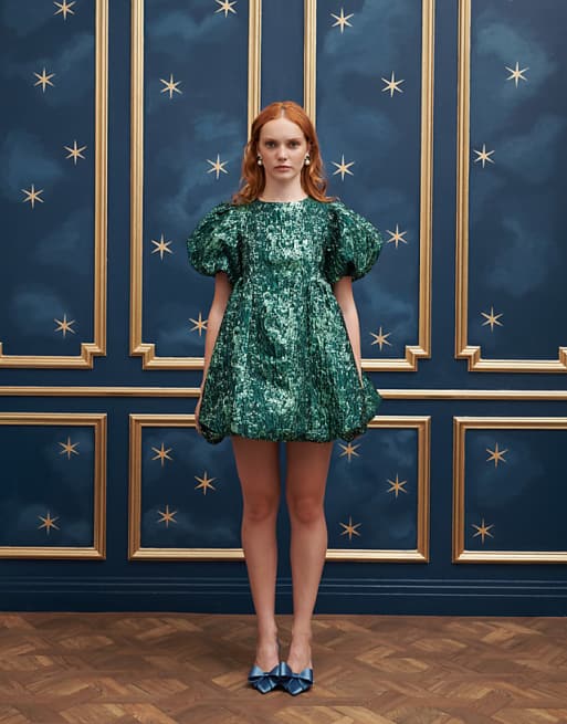 Sister Jane puff sleeve mini jacquard dress in emerald green Sister Jane puff sleeve mini jacquard dress in emerald green