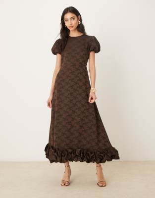 Sister Jane Puff Sleeve Ruffle Hem Midaxi Dress In Brown