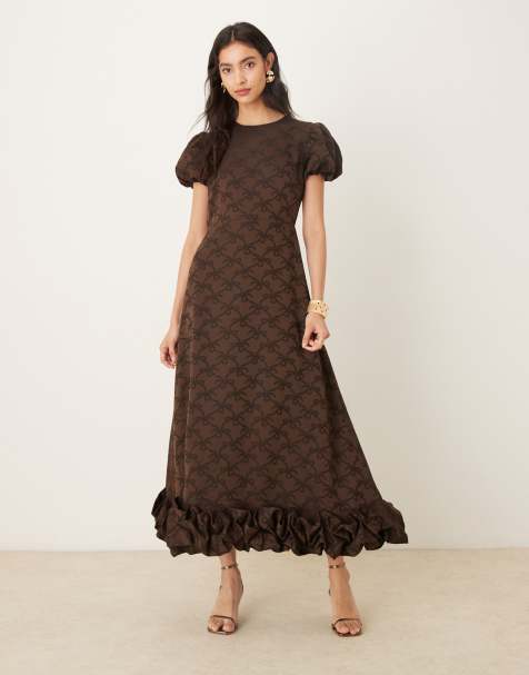 Sister Jane puff sleeve ruffle hem midaxi dress in chocolate bow print