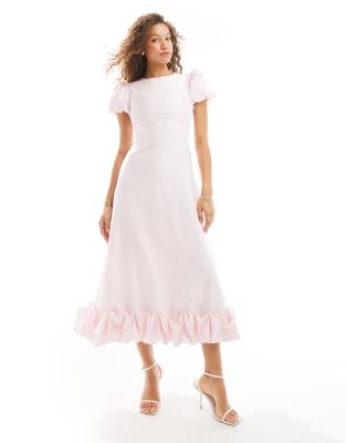 puff sleeve ruffle hem midi dress in powder pink