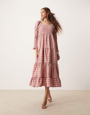 puff sleeve shirred maxi dress in pink check-White