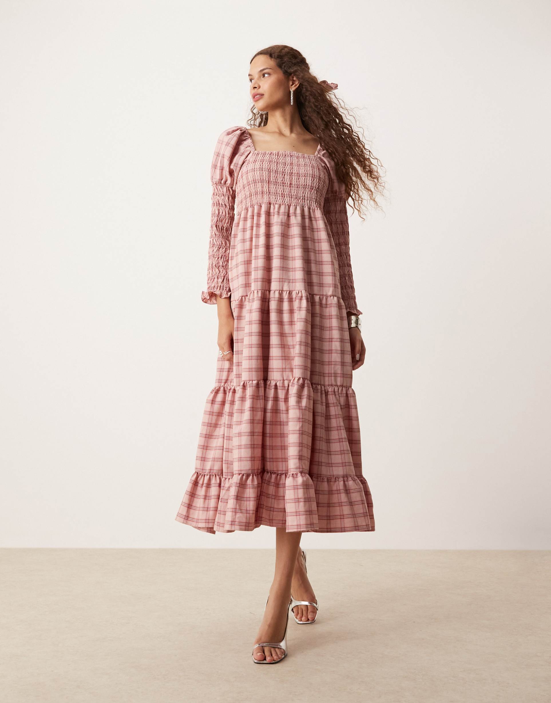 sister jane puff sleeve shirred maxi dress in pink check