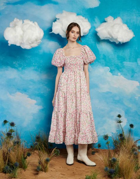 Sister Jane puff sleeve shirred maxi dress in pink floral - view 1