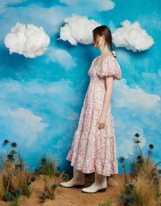 Sister Jane puff sleeve shirred maxi dress in pink floral | ASOS
