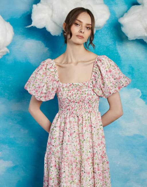 Pink floral puff sleeve dress hotsell