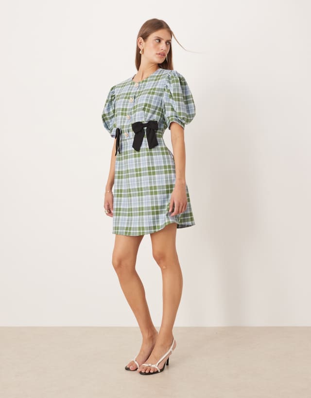 blue and green mini dress Sister Jane puff sleeve tailored with bow detailing in plaid this eyelet mini is Web Collection: Evening Dresses Plus Size Black Cotton US SIZE:20