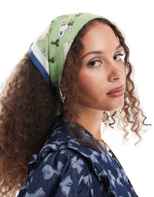 Sister Jane puppy print headscarf with bow in green (part of a set)