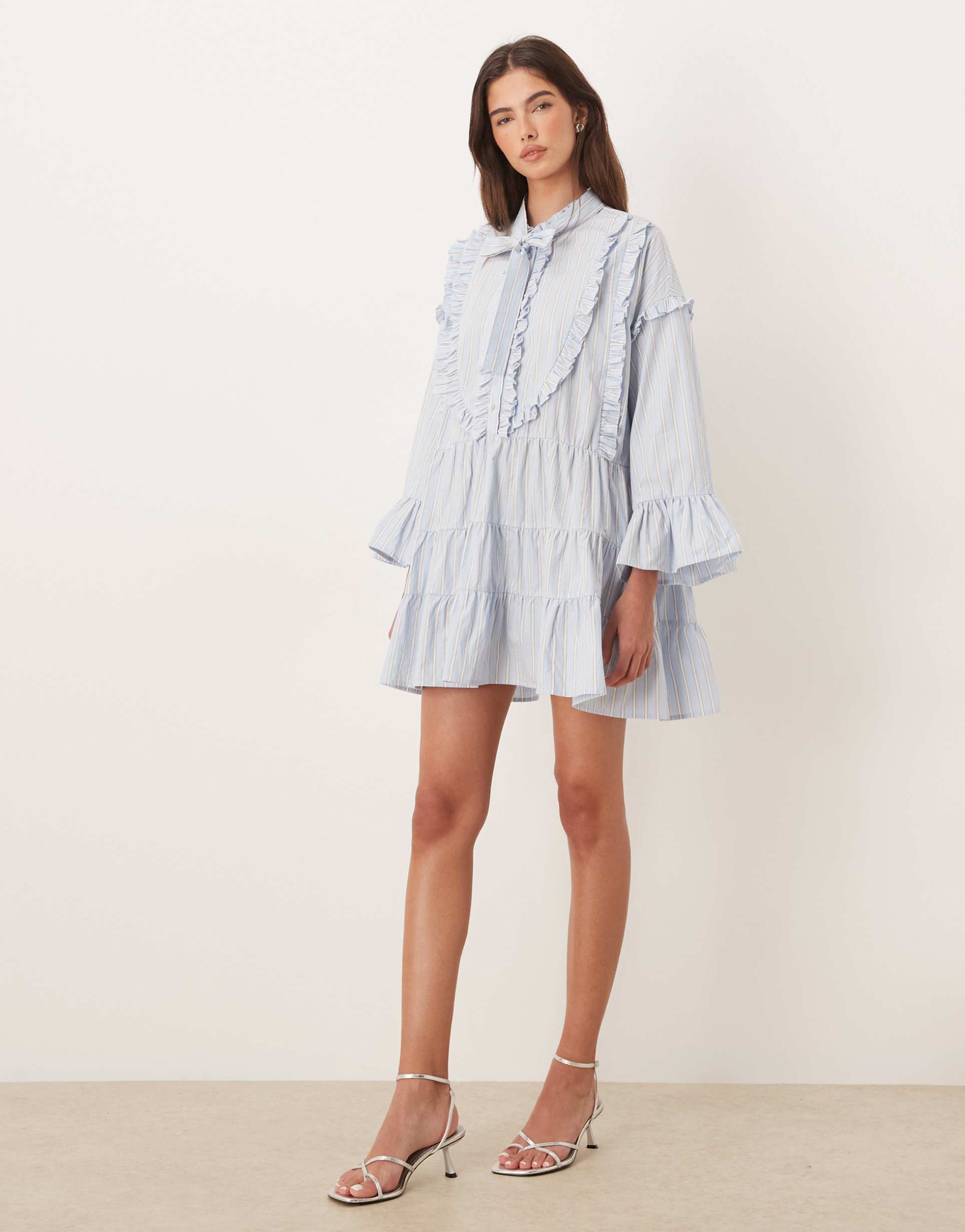 sister jane pure cotton pinstriped pussybow bell sleeve mini dress in blue
