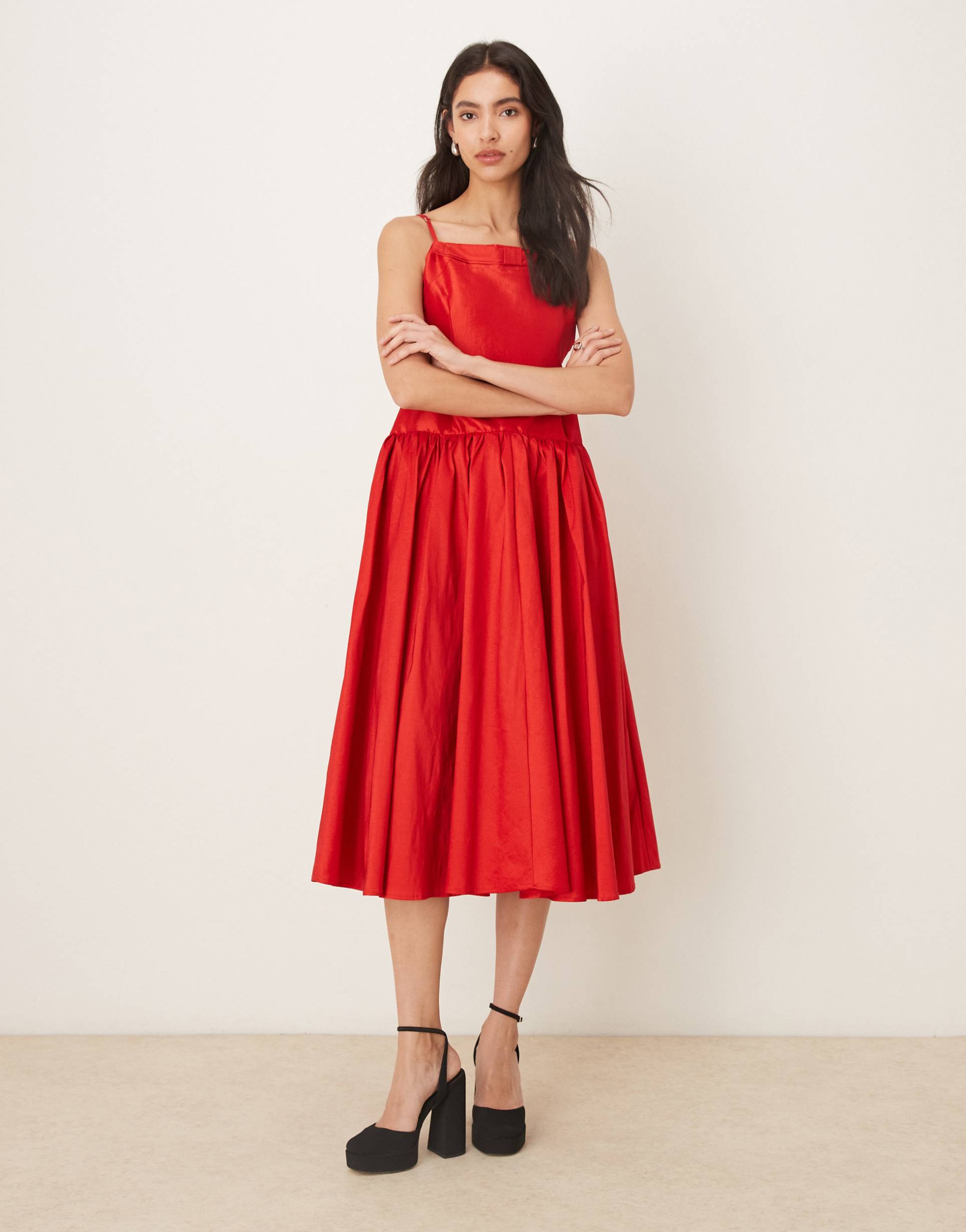 sister jane quartet square neck dropped waist taffeta midi dress in red