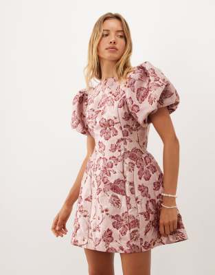Sister Jane Quartz Jacquard Boat Neck Puff Sleeve Mini Dress In Pink
